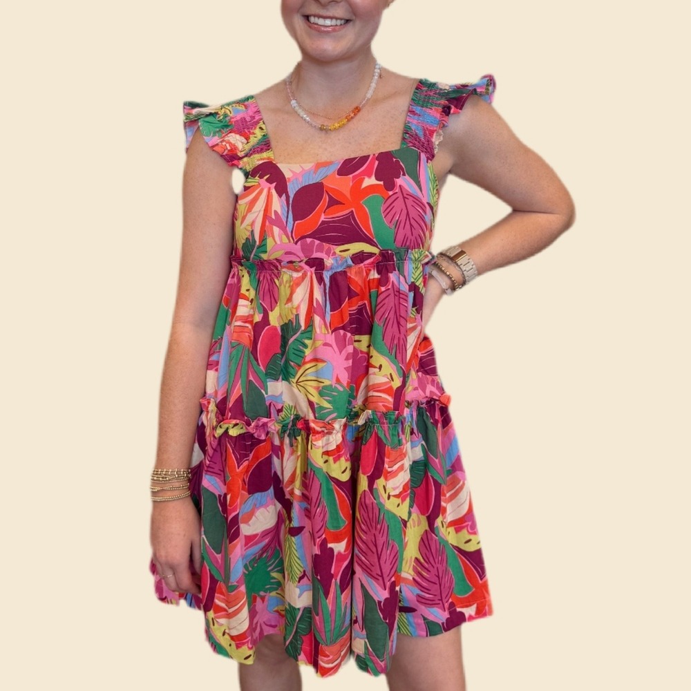 PINCH Tropical Floral Tiered Mini Dress Multicolor Ruffle Strap 4879D Large NWT‎